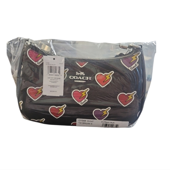 Coach Teri Shoulder Black Bag With Heart Bolt Print - Picture 9 of 11